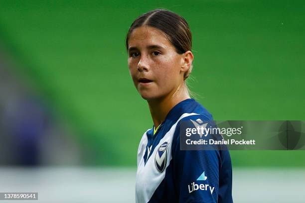 Kyra Cooney-Cross of Melbourne Victory looks on during the round 14 A-League Women's match between Melbourne Victory and Canberra United at AAMI...