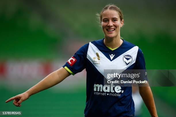 Courtney Nevin of Melbourne Victory reacts during the round 14 A-League Women's match between Melbourne Victory and Canberra United at AAMI Park, on...