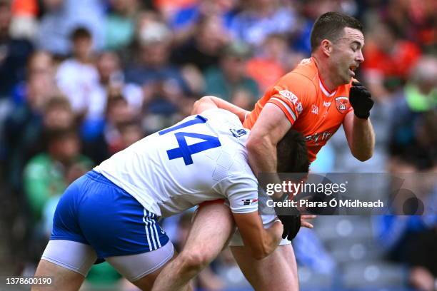 Dublin , Ireland - 1 July 2023; Aidan Forker of Armagh and Gary Mohan of Monaghan tussle during the GAA Football All-Ireland Senior Championship...