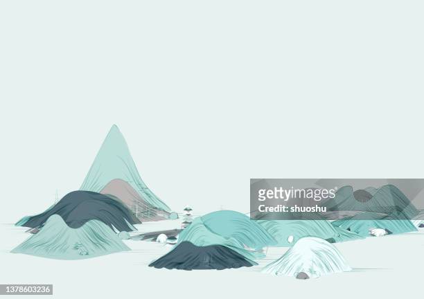ilustraciones, imágenes clip art, dibujos animados e iconos de stock de paisaje tradicional chino azul montañas y pintura de aguas - fog