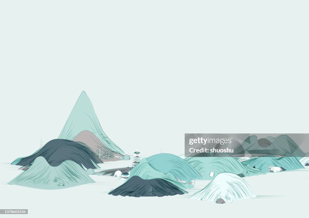 Blue traditional Chinese landscape mountains and waters painting