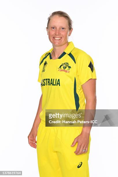 Alyssa Healy of Australia poses during an Australia squad portrait session ahead of the 2022 ICC Cricket World Cup at Orangetheory Stadium on March...