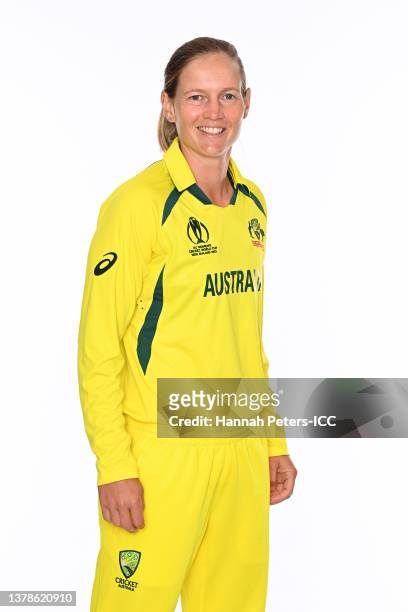 Meg Lanning of Australia poses during an Australia squad portrait session ahead of the 2022 ICC Cricket World Cup at Orangetheory Stadium on March...