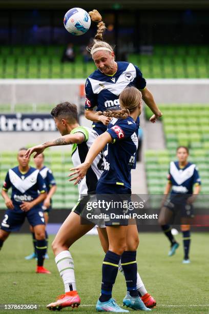 Brooke Hendrix of Melbourne Victory handballs during the round 14 A-League Women's match between Melbourne Victory and Canberra United at AAMI Park,...