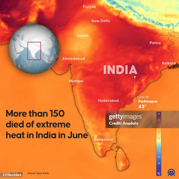 An infographic titled "More than 150 died of extreme heat in India in June" created in Ankara, Turkiye on July 01, 2023.