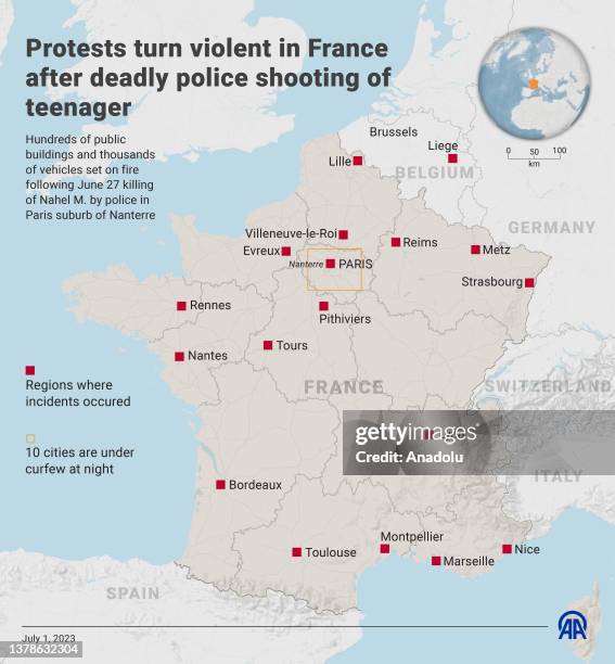 An infographic titled "Protests turn violent in France after deadly police shooting of teenager" created in Ankara, Turkiye on July 01, 2023....