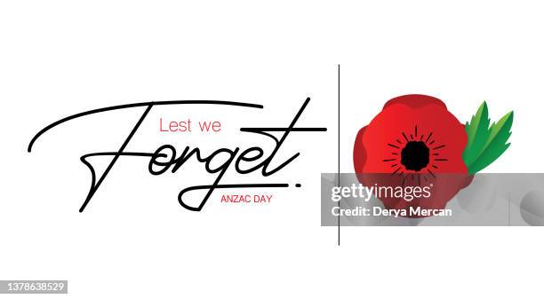 stockillustraties, clipart, cartoons en iconen met remembrance day also known as poppy day or armistice day: minimalistic poppy flower and text lest we forget. vector stock illustration - poppies