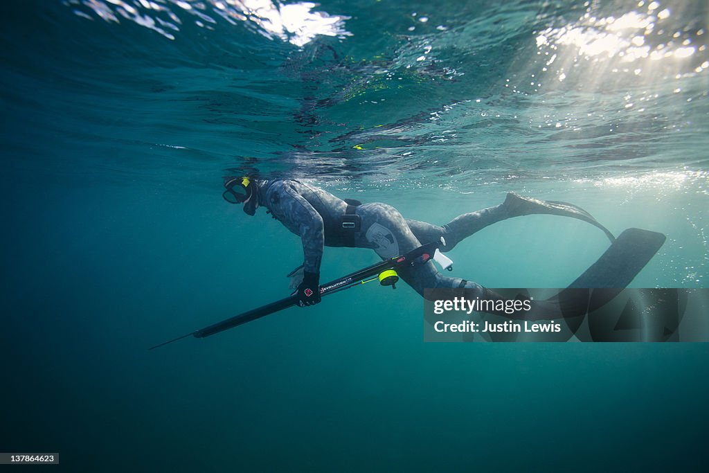 Spear diver hunting in the open ocean