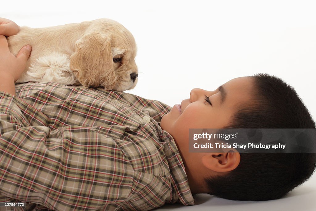Boy lying with cocker spaniel puppy on his chest
