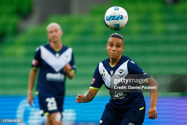 Tiffany Eliadis of Melbourne Victory in action during the round 14 A-League Women's match between Melbourne Victory and Canberra United at AAMI Park,...