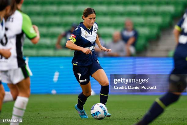 Kyra Cooney-Cross of Melbourne Victory runs with the ball during the round 14 A-League Women's match between Melbourne Victory and Canberra United at...