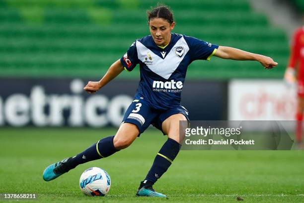 During the round 14 A-League Women's match between Melbourne Victory and Canberra United at AAMI Park, on March 04 in Melbourne, Australia.