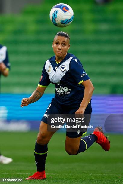Tiffany Eliadis of Melbourne Victory in action during the round 14 A-League Women's match between Melbourne Victory and Canberra United at AAMI Park,...