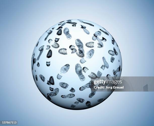 ilustraciones, imágenes clip art, dibujos animados e iconos de stock de a sphere covered with footprints - huella de carbono