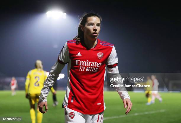 Tobin Heath of Arsenal reacts during the Barclays FA Women's Super League match between Arsenal Women and Reading Women at Meadow Park on March 02,...