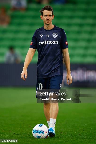 Robbie Kruse of the Victory warms up before the A-League Men's match between Melbourne Victory and Macarthur FC at AAMI Park, on March 04 in...