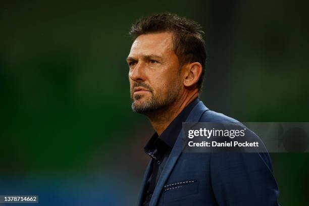 Victory head coach Tony Popovic looks on during the A-League Men's match between Melbourne Victory and Macarthur FC at AAMI Park, on March 04 in...