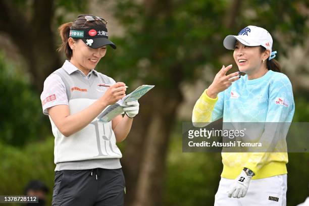 Teresa Lu of Chinese Taipei and Bo-mee Lee of South Korea share a laugh on the 9th tee during the second round of the Daikin Orchid Ladies at Ryukyu...