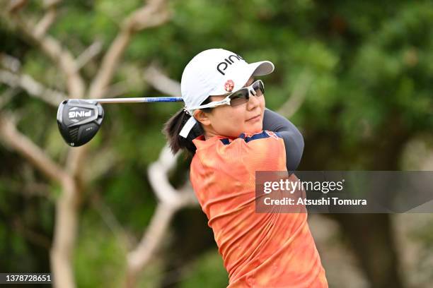 Ayako Uehara of Japan hits her tee shot on the 9th hole during the second round of the Daikin Orchid Ladies at Ryukyu Golf Club on March 4, 2022 in...