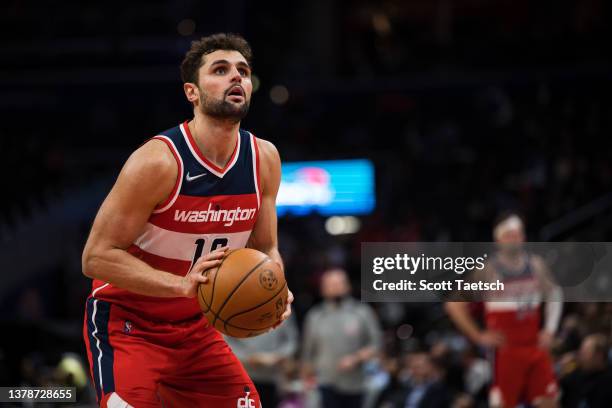 Raul Neto of the Washington Wizards shoots a free throw against the Detroit Pistons during the second half at Capital One Arena on March 1, 2022 in...