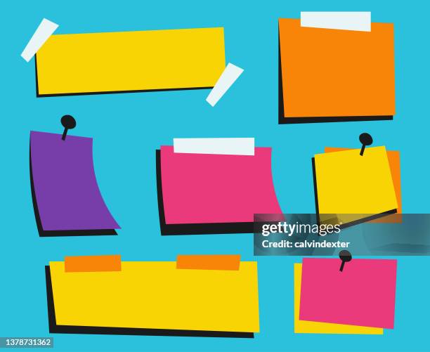 papiernotizen mit klebeband und stiften - klebezettel stock-grafiken, -clipart, -cartoons und -symbole