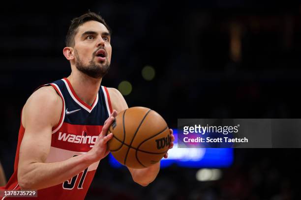 Tomas Satoransky of the Washington Wizards shoots a free throw against the Detroit Pistons during the second half at Capital One Arena on March 1,...