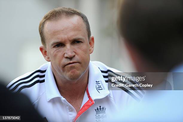 Coach Andy Flower of England speaks during a press conference at the team hotel on January 29, 2012 in Abu Dhabi, United Arab Emirates.