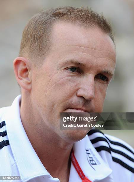 Coach Andy Flower of England attends a press conference at the team hotel on January 29, 2012 in Abu Dhabi, United Arab Emirates.