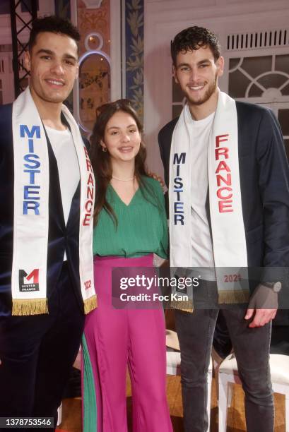 Mister France 2022 Lenny Tabourel, Allegra De Clermont Tonnerre and Mister France 2021 Bilal Malek attend the Grace Moon Show as part of Paris...