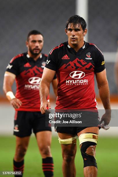 Pablo Matera of the Crusaders looks onduring the round three Super Rugby Pacific match between the Moana Pasifika and the Crusaders at Forsyth Barr...