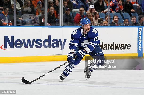 Mike Brown of the Toronto Maple Leafs in action against the New York Islanders on January 24, 2012 at Nassau Coliseum in Uniondale, New York. The...