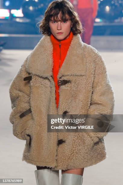 Model walks the runway during the Isabel Marant Womenswear Fall/Winter 2022-2023 fashion show as part of Paris Fashion Week on March 03, 2022 in...