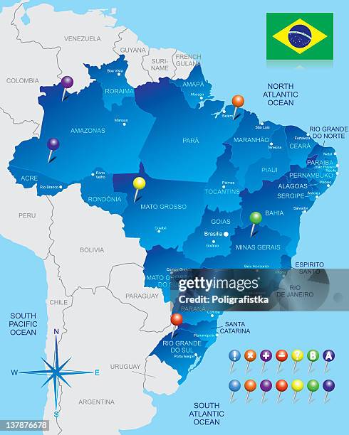 a map of brazil with majority of it highlighted in blue - view into land stock illustrations