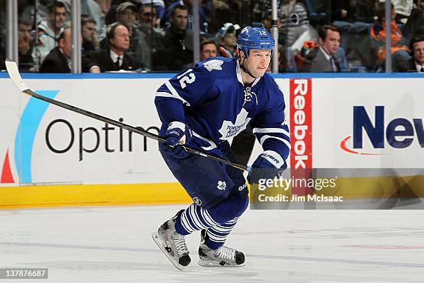 Tim Connolly of the Toronto Maple Leafs in action against the New York Islanders on January 24, 2012 at Nassau Coliseum in Uniondale, New York. The...
