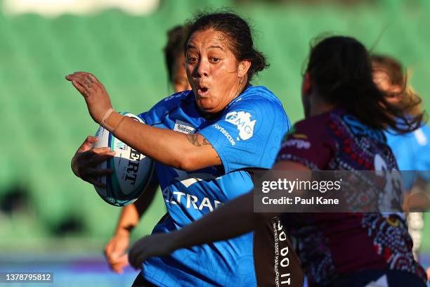 Tui Cope of the Force runs the ball during the round one Super W match between Western Force and Queensland Reds at HBF Park on March 04, 2022 in...