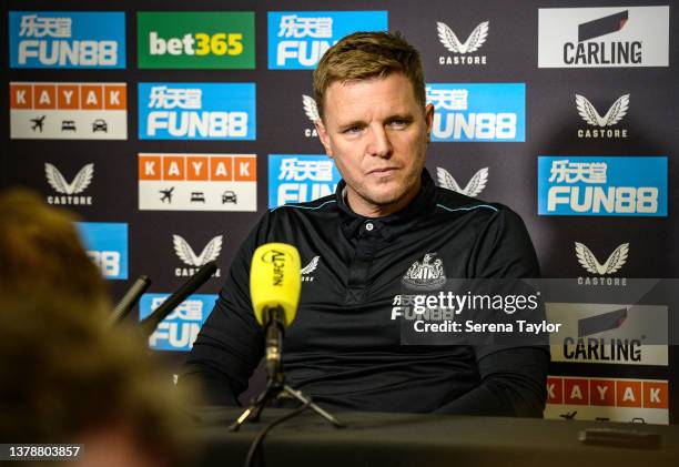Newcastle United Head Coach Eddie Howe speaks to the media in the first face to face press conference since the Covid Pandemic began and zoom...
