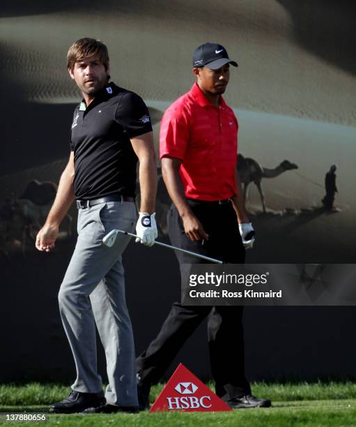 Robert Rock of England and Tiger Woods of the USA during the final round of Abu Dhabi HSBC Golf Championship at the Abu Dhabi HSBC Golf Championship...