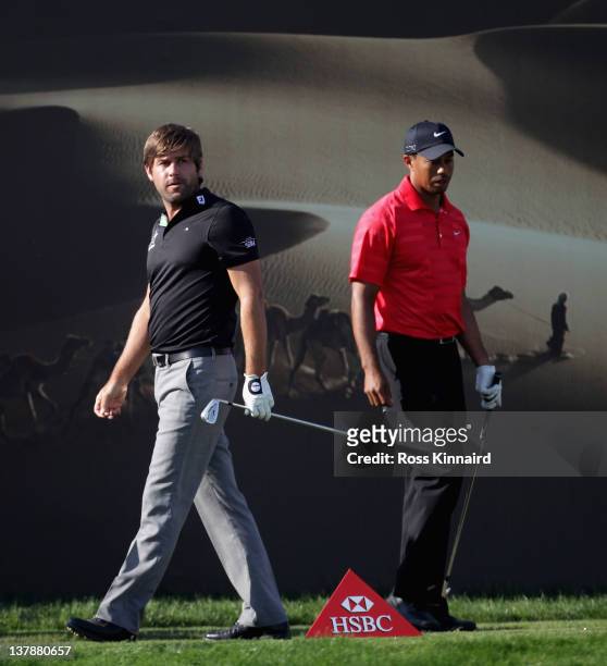 Robert Rock of England and Tiger Woods of the USA during the final round of Abu Dhabi HSBC Golf Championship at the Abu Dhabi HSBC Golf Championship...
