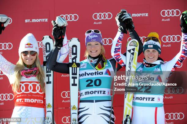 Lindsey Vonn, Maria Hoefl-Riesch and Nicole Hosp on the podium during the Audi FIS Alpine Ski World Cup Women's Super Combined on January 29, 2012 in...