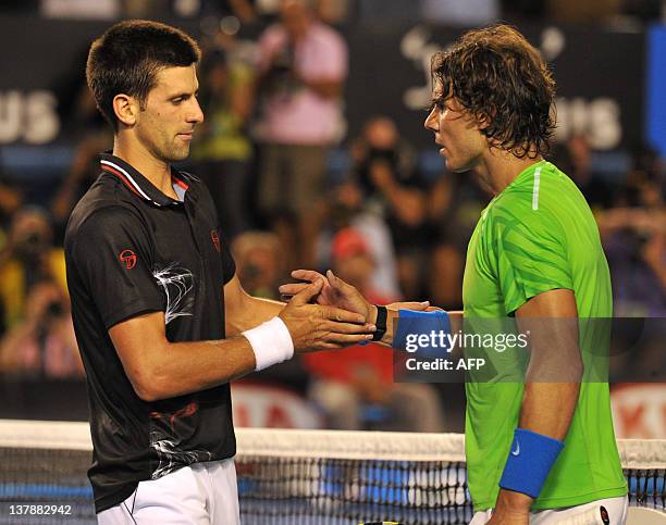 Novak Djokovic of Serbia shakes hands with Rafael Nadal of Spain at the net after the men's final match on day 14 of the 2012 Australian Open tennis...