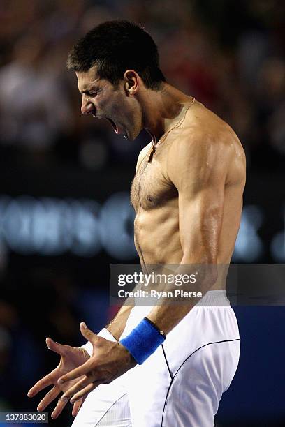 Novak Djokovic of Serbia celebrates winning championship point in his men's final match against Rafael Nadal of Spain during day fourteen of the 2012...