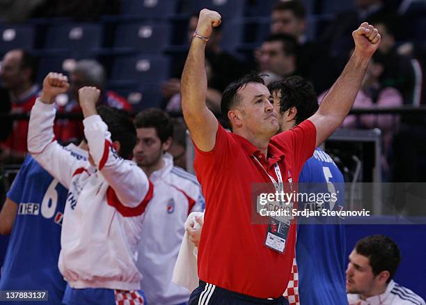 Head coach Slavko Goluza of Croatia celebrates a goal during the Men's European Handball Championship 2012 Bronze medal match between Croatia and...