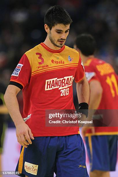 Eduardo Gurbindo of Spain looks dejected after the Men's European Handball Championship bronze medal match between Croatia and Spain at Beogradska...