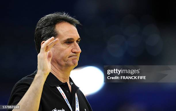 Spain's head coach Valero Rivera reacts after the men's EHF Euro 2012 Handball Championship bronze medal match Croatia vs Spain on January 29, 2012...