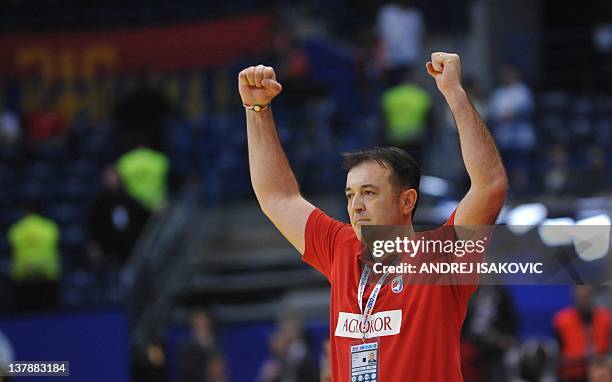 Croatia's head coach Slavko Goluza celebrates after winning the men's EHF Euro 2012 Handball Championship bronze medal match Croatia vs Spain on...