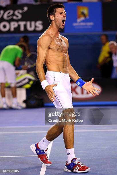 Novak Djokovic of Serbia celebrates winning championship point in his men's final match against Rafael Nadal of Spain during day fourteen of the 2012...