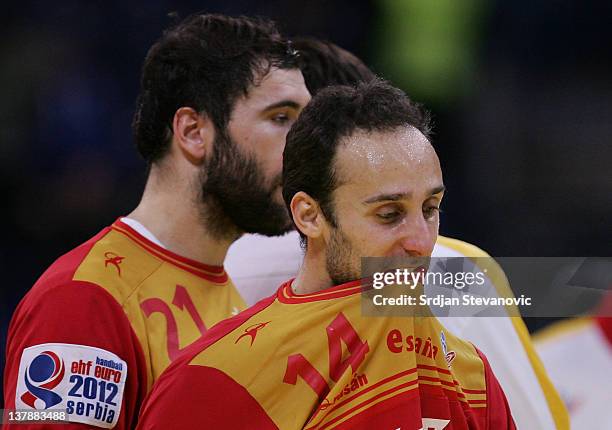 Roberto Garcia and Joan Canellas of Spain looks dejected after match during the Men's European Handball Championship 2012 Bronze medal match between...