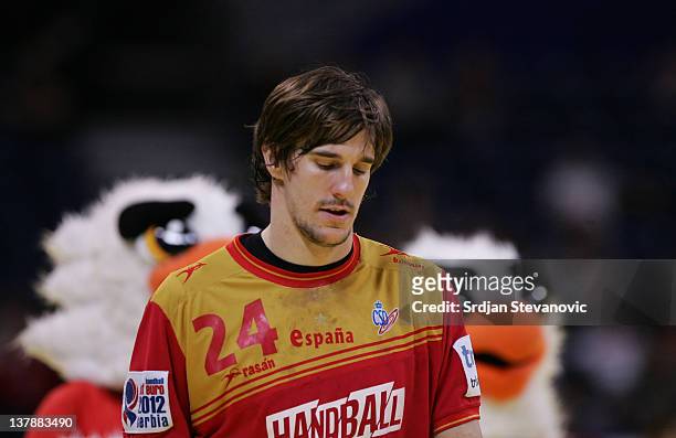 Viran Morros of Spain looks dejected after match during the Men's European Handball Championship 2012 Bronze medal match between Croatia and Spain at...