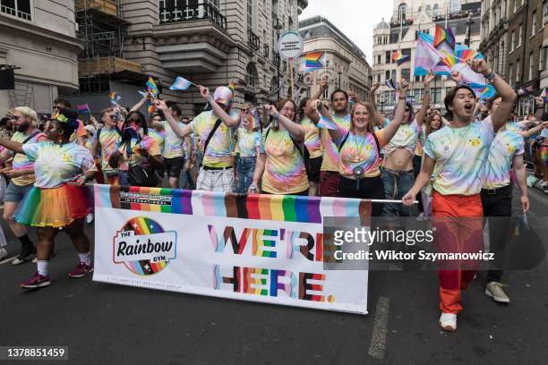 Revellers take part in the annual Pride in London parade on July 01, 2023 in London, United Kingdom. The parade will see over 32,000 participants...