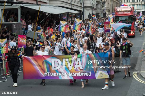 Revellers take part in the annual Pride in London parade on July 01, 2023 in London, United Kingdom. The parade will see over 32,000 participants...